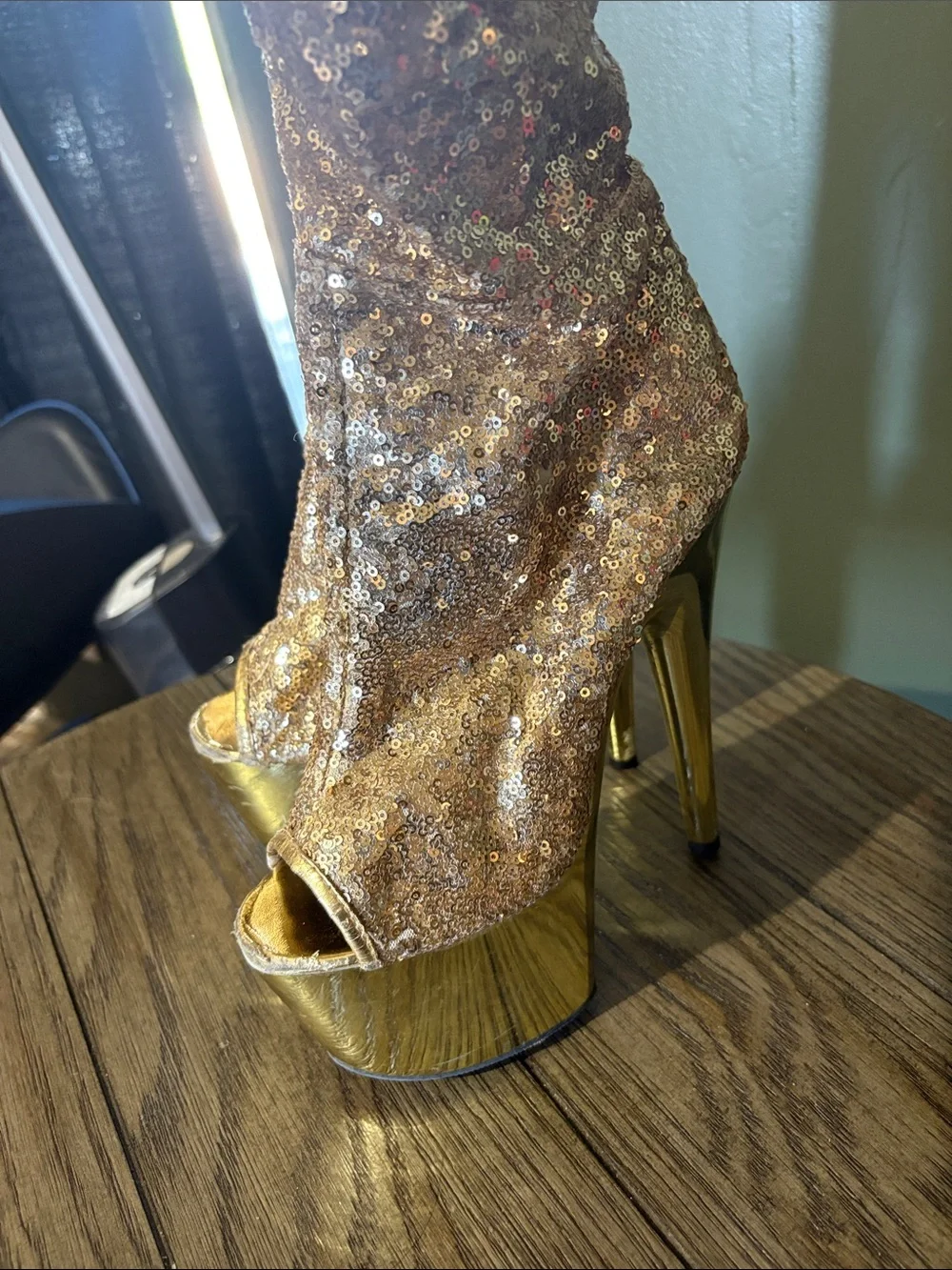 Gold Sequin Platform Peep-Toe High Heel Booties